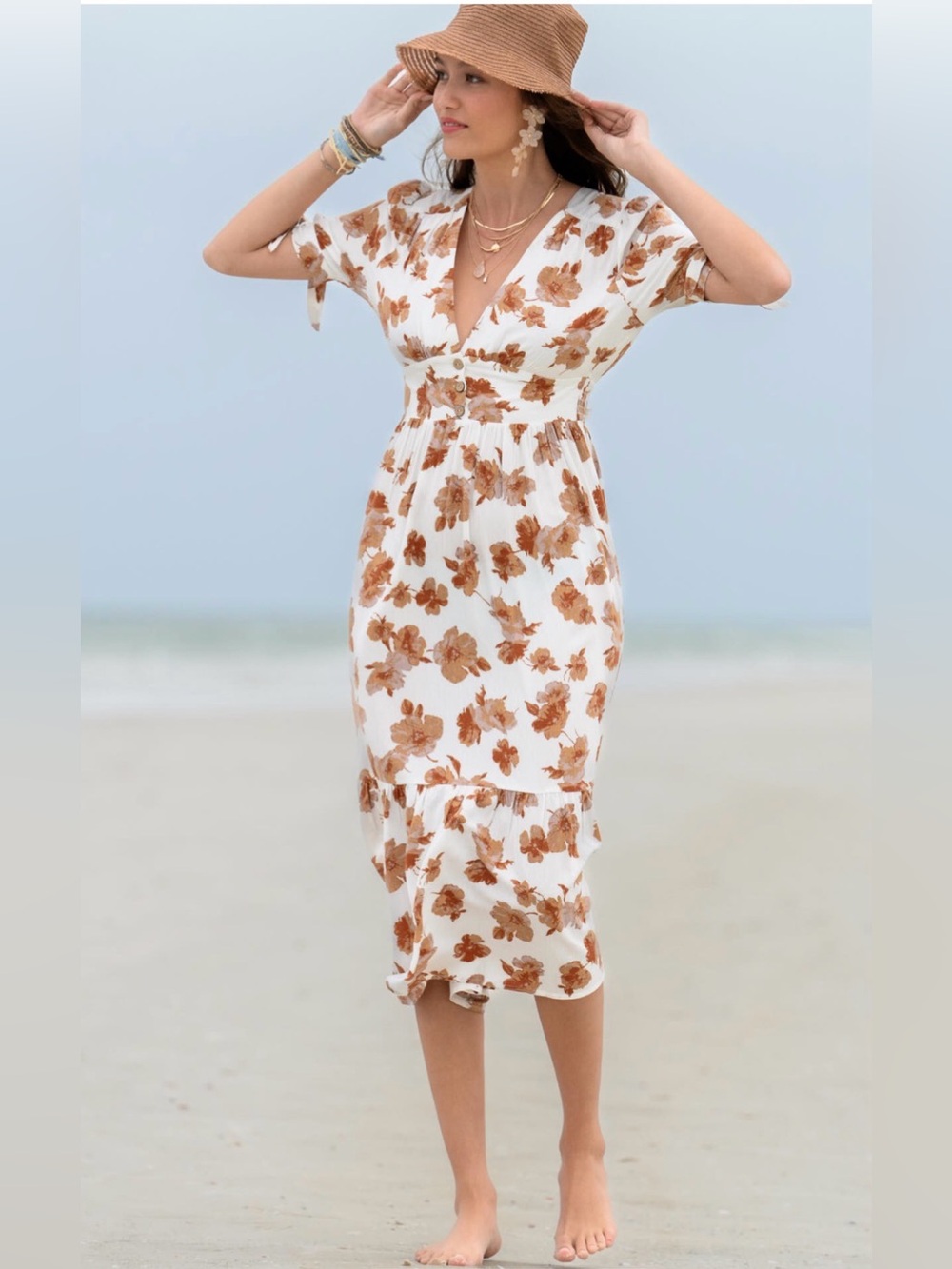Altar'd State White Midi Dress with Brown Floral Print